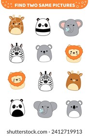African and Australian animals. Find two same pictures. Educational game for kids with zebra, lion, elephant, koala, giraffe, panda. Spot two identical pictures. Cartoon, kawaii. Isolated vector illus