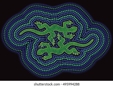 African or Australian illustration with lizards, ethnic illustration