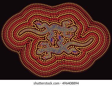 African or Australian illustration with lizards, ethnic illustration