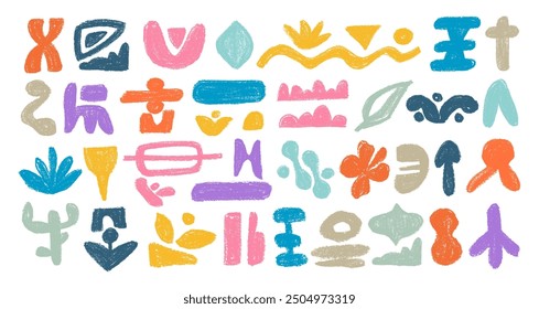 African, aztec pattern elements, symbols, icons, hand-drawn in doodle style. Set of abstract African tribal geometric shapes, ancient ethnic traditional symbols and ornate signs.
