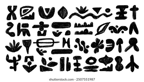 African, aztec pattern elements, symbols, icons, hand-drawn in doodle style. Set of abstract African tribal geometric shapes, ancient ethnic traditional symbols and ornate signs.
