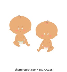 African babies sitting. Hispanic toddler girl and boy. Cartoon vector hand drawn eps 10 illustration isolated on white background.