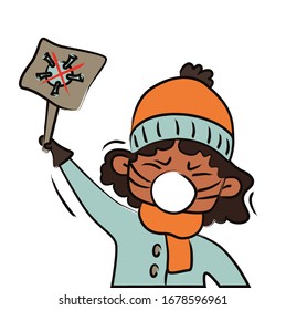 African baby in a protective mask holds a poster with crossed out coronavirus sivmole. Call for protection against viral infection, stop the pandemic. Protecting children from viral diseases.