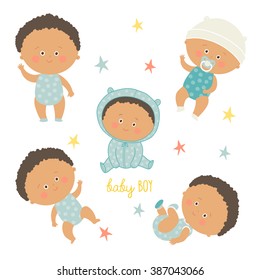 African baby set. African American toddler boys. Cartoon vector hand drawn eps 10 illustration isolated on white background.