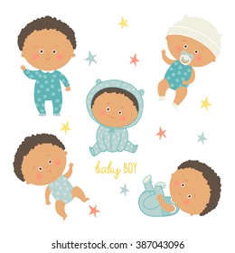 African baby set. African American toddler boys. Cartoon vector hand drawn eps 10 illustration isolated on white background.