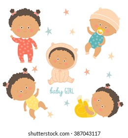 African baby set. African American toddler girls. Cartoon vector hand drawn eps 10 illustration isolated on white background.