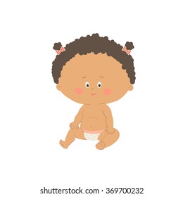 African baby sitting. Hispanic toddler girl. Cartoon vector hand drawn eps 10 illustration isolated on white background.