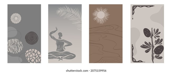 african background.Vector Set of abstract posters with afro woman in minimalistic style. Potter school and jugs, plants, abstract shapes and landscape. Collection of contemporary art.tribal boho