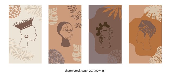 african background.Vector Set of posters with afro woman in minimalistic style.
Plants, abstract shapes and landscape.Collection of contemporary art.tribal boho.palm tree.