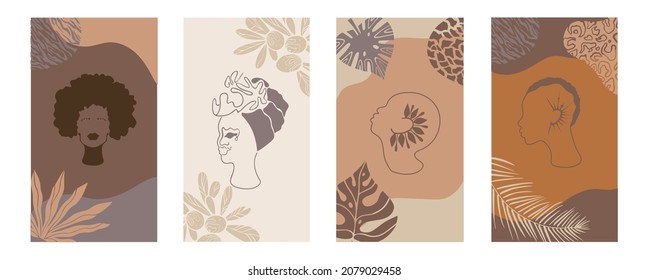 african background.Vector Set of posters with afro woman in minimalistic style.
Plants, abstract shapes and landscape.Collection of contemporary art.tribal boho braid hairstyle.palm leaves