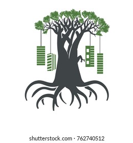 African baobab tree  with hanging houses on it on white background.
 Vector illustration un realistic style.
