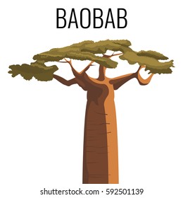 African baobab tree icon color emblem with text isolated on white background. Vector illustration of powerful plant un realistic style svg