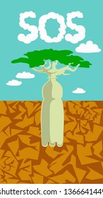 African Baobab tree icon with desert background. Vector illustration