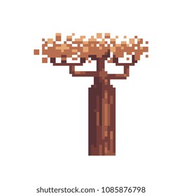 African baobab tree pixel art icon, emblem, isolated vector illustration. Game assets 8-bit sprite. Design stickers, logo, mobile app.