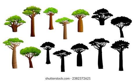 African baobab trees and silhouettes. Isolated vector set of majestic and ancient plants, stand tall with their iconic swollen trunks and spreading branches, symbolizing resilience in arid landscapes