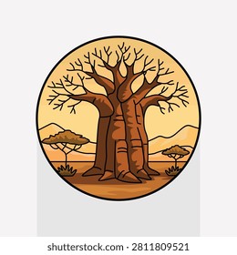 African Baobab Trees Standing in Golden Savanna Landscape Under Warm Sunset Sky, Circular Badge Icon Illustration Depicting Ancient Tree of Life Natural Wilderness Scenery, Perfect for Travel, Safari and Nature Tourism Design Projects