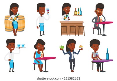 African bartender with bottle of wine and glass standing at the bar counter. Bartender at work. Bartender pouring wine in a glass. Set of vector flat design illustrations isolated on white background.