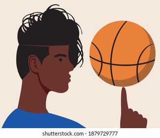 African basketball player isolated. Flat vector stock illustration. Afro person with a basketball. African people achievement concept, black history month. Face illustration
