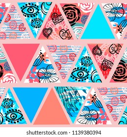 African batik tropical seamless pattern. Abstract unusual summer time decoration, triangles collage tropical palm leaves hearts flowers ornament. Hand drawn vector illustrations.