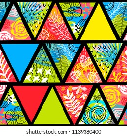 African batik tropical seamless pattern. Abstract unusual summer time decoration, triangles collage tropical palm leaves hearts flowers ornament. Hand drawn vector illustrations.