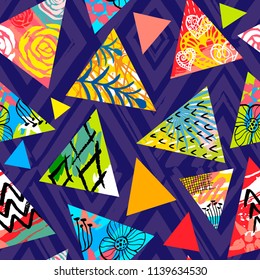 African batik tropical seamless pattern. Abstract unusual summer time decoration, triangles collage tropical palm leaves hearts flowers ornament. Hand drawn vector illustrations.