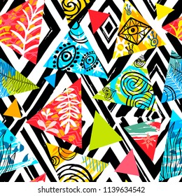African batik tropical seamless pattern. Abstract unusual summer time decoration, triangles collage tropical palm leaves hearts flowers ornament. Hand drawn vector illustrations.