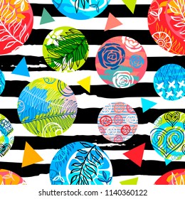 African batik tropical seamless pattern. Abstract unusual summer time decoration, triangles collage tropical palm leaves hearts flowers ornament. Hand drawn vector illustrations.
