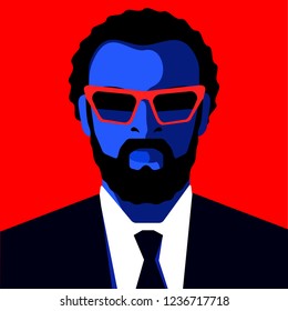 African bearded man wearing suit, tie and sunglasses. Abstract portrait of businessman. Vector illustration