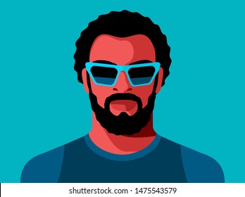 African Bearded Man Wearing Sunglasses. Abstract Male Portrait, Full Face. Vector Illustration