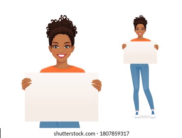 African beautiful smiling young woman in jeans holding empty blank board isolated vector illustration