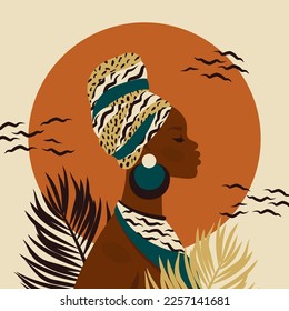 Mujer africana hermosa. Carácter étnico femenino en ropa nacional, turbante. Arte retrato con puesta de sol, hojas de palma. Joven africana para avatar, postales, moda, belleza. Ilustración plana del vector