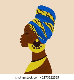 African beautiful woman. Female ethnicity character in national dress, ornaments, turban.  Portrait art. Young African American girl for avatar, card, fashion, beauty. Vector flat Illustration 