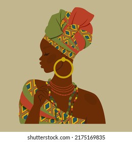 African beautiful woman. Female ethnicity character in national dress, ornaments, turban.  Portrait art. Young African American girl for avatar, card, beauty. Vector cartoon flat Illustration 