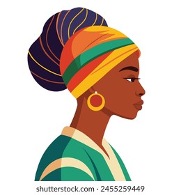 African Beautiful Women Black History Month. Portrait of beautiful African woman wearing turban. Vector illustration.