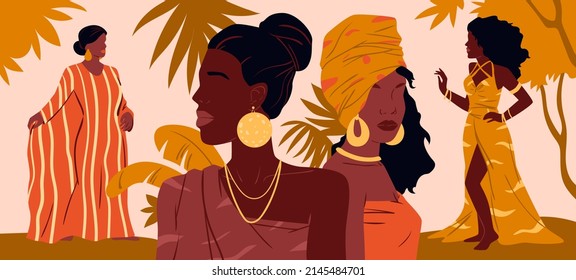 African beautiful women vector illustration. Creative art portraits of girls with traditional jewelry, hairstyle and turban among abstract nature of Africa background. Culture, fashion concept