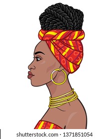 African beauty: animation portrait of the  beautiful black woman in a turban and hairstyle Afro-braids. Profile view. Color drawing. Vector illustration isolated on a white background. 