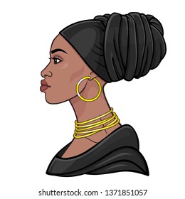 African beauty: animation portrait of the  beautiful black woman in a turban. Profile view. Color drawing. Vector illustration isolated on a white background. Print, poster, t-shirt, card.