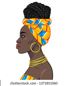 African beauty: animation portrait of the  beautiful black woman in a turban and hairstyle Afro-braids. Profile view. Color drawing. Vector illustration isolated on a white background. 