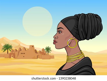 African beauty: animation portrait of the  beautiful black woman in a turban and gold jewelry. Profile view.Background - a landscape of  desert, mountain, palm trees, ancient city.Vector illustration