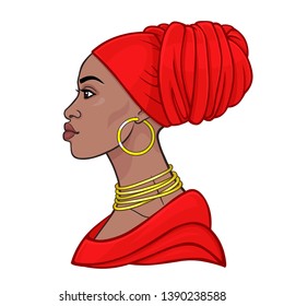 African beauty: animation portrait of the  beautiful black woman in a red turban. Profile view. Color drawing. Vector illustration isolated on a white background. Print, poster, t-shirt, card.