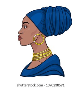 African beauty: animation portrait of the  beautiful black woman in a blue turban. Profile view. Color drawing. Vector illustration isolated on a white background. Print, poster, t-shirt, card.