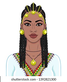 African beauty: animation portrait of the  beautiful black woman in a Afro-hair and gold jewelry. Color drawing. Vector illustration isolated on a white background. Print, poster, t-shirt, card.