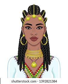 African beauty: animation portrait of the  beautiful black woman in a Afro-hair and gold jewelry. Color drawing. Vector illustration isolated on a white background. Print, poster, t-shirt, card.