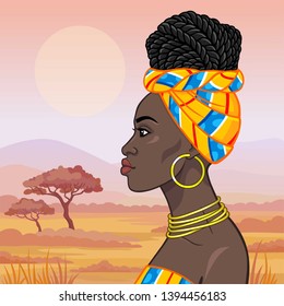 African beauty: animation portrait of the  beautiful black woman in a turban and gold jewelry. Profile view. Background - landscape the savana, mountains,  acacia tree. Vector illustration