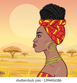 African beauty: animation portrait of the  beautiful black woman in a turban and gold jewelry. Profile view. Background - landscape the savana, mountains,  acacia tree. Vector illustration