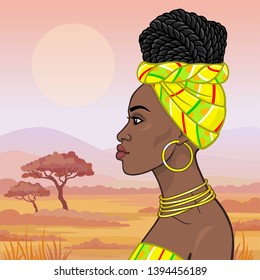 African beauty: animation portrait of the  beautiful black woman in a turban and gold jewelry. Profile view. Background - landscape the savana, mountains,  acacia tree. Vector illustration