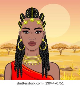 African beauty: animation portrait of the  beautiful black woman in a Afro-hair and gold jewelry. Color drawing.  Background - landscape savanna, mountains, acacia. Vector illyutration.