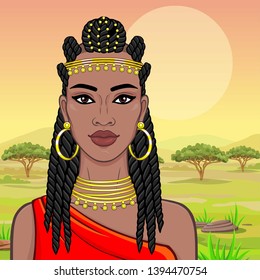 African beauty: animation portrait of the  beautiful black woman in a Afro-hair and gold jewelry. Color drawing.  Background - landscape savanna, mountains, acacia. Vector illyutration.