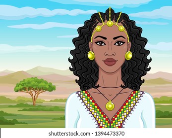 African beauty: animation portrait of the  beautiful black woman in Afro-hair and gold jewelry. Color drawing. Background - landscape savanna, mountains, acacia. Vector illyutration. 