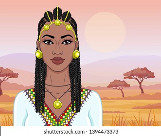 African beauty: animation portrait of the  beautiful black woman in Afro-hair and gold jewelry. Color drawing. Background - landscape savanna, mountains, acacia. Vector illyutration. 